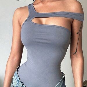 Solid Color Slim Fit Bodysuit With Asvmmetrical Collar